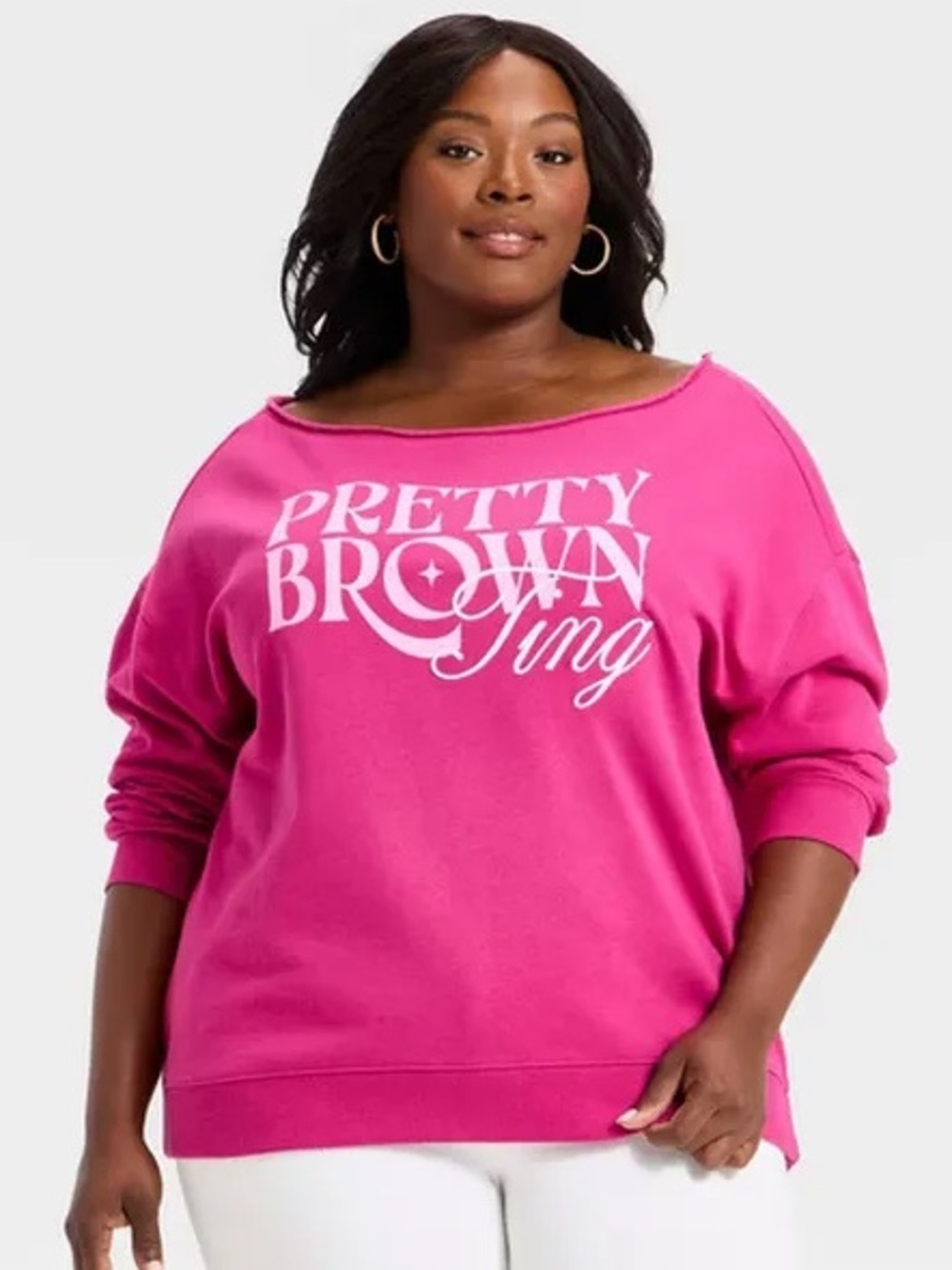 Pretty Brown Ting Off-Shoulder Sweatshirt - Hot Pink
